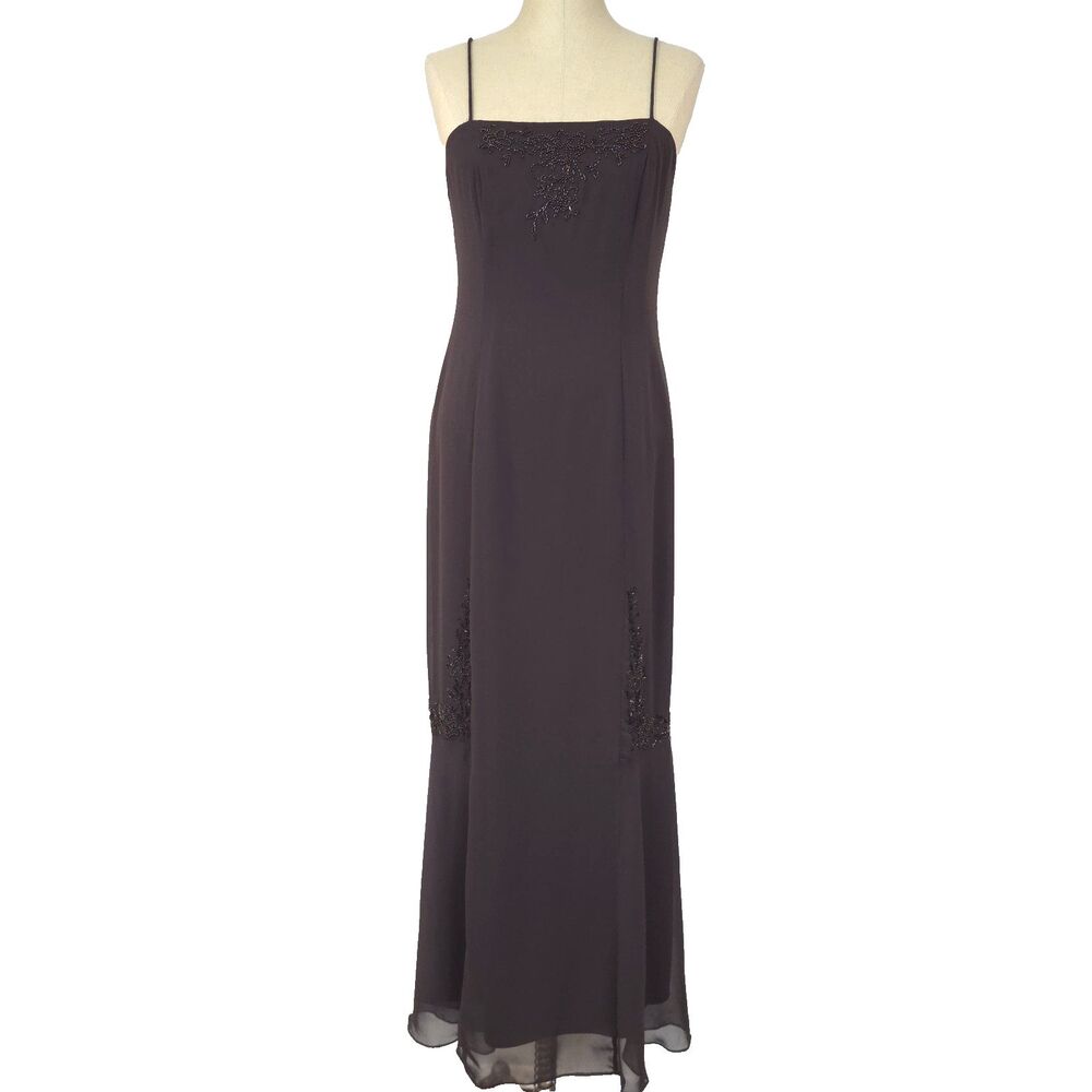 VTG 90s Y2K Sheer mesh Overlay Beaded Floral Maxi Dress L Brown Whimsigoth Witch